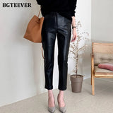 MIidi Waist Spliced Loose Leather Pants Women Autumn Solid Zipper PU Leather Trousers Women Straight Pants Female