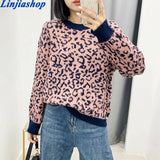 2020 Fashion Leopard Print Loose Knitted Sweater Vintage Long Sleeve Animal Pattern Female Pullovers Chic