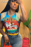 Graphic Tees Streetwear Fringed V Neck Sleeveless Crop Tops Fashion Sexy Clothes for Women T-shirts