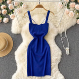 Knit Solid Women Summer Dress 2022 Slim Vacation Elegant Temperament Chic Backless Ladies A Line Midi