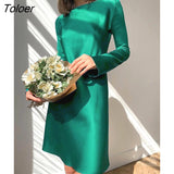 Satin Graceful A-Line Women's Dress Spring O-Neck Office Lady Glossy Flare Sleeve Mini Dress Casual Plain Soft Female