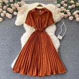 Summer Vintage Women Pleated Dress Red/Pink/Brown Turn-Down Collar Short Sleeve High Waist Casual Draped A-Line Vestido New