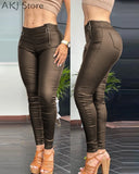 Women High Waist PU Leather Pants Zipper Pocket Design Skinny
