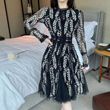 Fashion Ladies Embroidered Flower Dress Women O-Neck Elegant Vintage Dot Mesh Patchwork Lace Knee-length Dress
