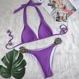 Toloer Sexy Bikini Color Female Split Strap Deluxe Crystal Diamond Swimsuit Metal Accessory