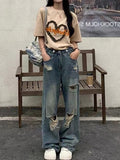 Toloer Wide Leg Broken Hole Jeans Female Spring And Autumn 2024 New Large Size Fat Mm Loose Show Thin Straight Tube Drag Floor Pants-Outfit