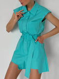 Office Chic Woman Shirt Romper With Sashes Blue Shorts Playsuits 2022 Sleeveless Green One Piece Ladies Summer