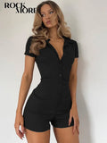 Rockmore Black Ruched Playsuits Long Sleeve Bodysuits For Women Y2K Streetwear Buttons Jumpsuits Casual Rompers Playsuit