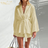 Fashion Long Sleeve Robes Top Two Piece Sets Womens Outifits Autumn Casual White Home Suit Elegant Shorts Women'S