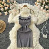 Women Korean Style Mini Dress Summer 2022 Letter Print Vacation Solid Backless Sexy Ladies Party Knit A Line