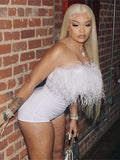 Summer Bodycon Rompers Womens Jumpsuit Patchwork Feather Strapless Rompers Playsuits White One Piece Outfit Jumpsuit