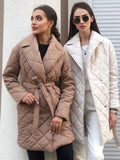Thicken Waist Lace-up Parkas Women Long Sleeve Turn Down Collar Coat Female Slim Casual Elegant Windproof Warm