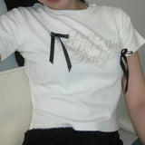 Simple Letter Printing Collision Color Bow Stitching Knitted Blouse Spicy Girl Short Navel T-Shirt Girl-Outfit