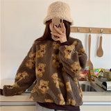 Tops Korean Winter Sweatshirts Lamb Hair Kawaii Cartoon Bear Print Long Sleeve O Neck Thick Warm Harajuku Hoodie Ladies