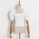 Patchwork Diamond Sweater For Female Square Collar Puff Short Sleeveless High Waist Slimming Women's Sweater