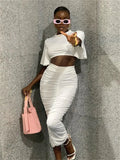 Fall Casual 2 Two Peice Set Women Outfts Skirts Short Sleeve O Neck Crop Top Maxi Ruched Skirts White Matching Dress