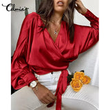 Celmia Women Satin Blouses Elegant Long Bat Sleeve Cross V Neck Bandage Waisted Tops Autumn Fashion Haut Style Wrap