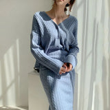 Women Autumn Winter V-Neck Hemp Pattern Knitted Sweater Top + High Waist Elegant Skirt 2 Piece Set Slim Casual Dress