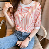 Summer striped printing ladies shirts women blouses 2022 Spring Summer short sleeve female shirts tops Mujer