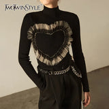 Black Patchwork Mesh Women's Sweater Turtleneck Long Sleeve Korean Fashion Slim Colorblock Sweaters Female 2021
