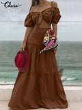 Women 2pcs Sets 2022 Summer Holiday Short Puff Sleeve Short Tops and Stitching Pleats Long Skirts Suits Sexy Dress