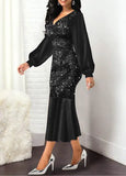 Elegant Sequins V Neck Long Sleeve Mermaid
