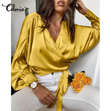 Celmia Women Satin Blouses Elegant Long Bat Sleeve Cross V Neck Bandage Waisted Tops Autumn Fashion Haut Style Wrap