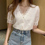 Women Tops and Blouse Korean V-neck New Lace Shirts Stitching Women Short-sleeved Lace Hollow Out Top Female Blusa