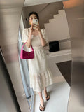 Korean Soft Girl Square Collar A Line Midi Dress Summer Lace Embroidery Party Dresses Office Lady Casual Vestidos