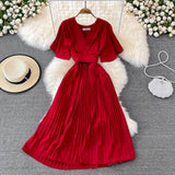 summer new V neck short sleeved dress over the knee slim temperament waist tie big swing pleated Solid Color High
