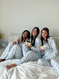 Women's Y2K 2Pcs Heart/Floral Print Pajamas Set Long Sleeve Lapel Button Up Shirt Tops+Sleepwear Pants Pjs Loungewear-Outfit