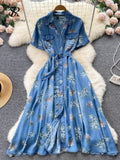 Denim Floral Print Women Dress Single Breasted Slim Sashes Pocket Summer 2022 Ladies A Line Long