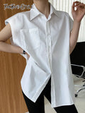 Slim Shirt For Women Lapel Sleeveless Solid Minimalist Button Through Blouse Female Korean Fashion Clothing