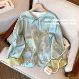 Chinese Round Collar Color Jacquard Satin Jacket Women's Style 2024 New Retro Chic Coat In Early Spring-Outfit