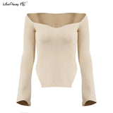 Asymmetrical White Knitted Blouse Women Sexy Long Sleeve Bodycon Blouse Black Ladies Basic Knitwear Tops
