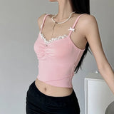 Desire Lace Lace Small Bow Stitching Young Girl Fresh V-Collar Small Sexy Pink Sling Vest-Outfit