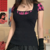Lace Plaid Patchwork Top Vintage Goth Short Sleeve Basic Sweats Shirt Cute Chic Slim Clothes Women Sweet Casual