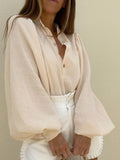 Elegant Solid Loose Shirt For Women Lapel Collar Long Lantern Sleeve Button Through Blouses Female Spring Fashion