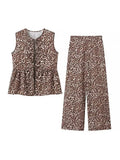 Print Pant 2-piece Sets Elegant Woman Sleeveless Lace Up Vest Wide Leg Trousers Suits Ladies Office Highstreet Outfits-Outfit