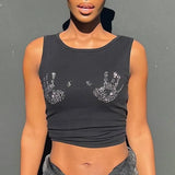 Sleeveless Cropped Camis Rhinestones Harajuku Fashion Gothic Tank Top Slim Streetwear Hip Hop Vest