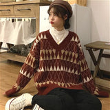 Sweaters Women Vintage Argyle Korean All-Match Chic V-Neck Ladies Pullovers Student Lazy Style Popular Winter Womens Sweater