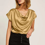 Celmia 2022 Stylish Women Short Sleeve Satin Tops Summer Blouse Cowl Neck Tunic Shirt Elegant Casual Solid Party Blusas