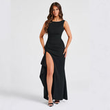Summer New Solid Color Round Collar High Open Fork Sexy Bare Back Dress Women Body