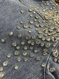 Women's Denim Shirt Patchwork Single Pocket Panelled Loose Long Sleeve Diamonds Blouse 2024 Summer New Fashion 29L2946-Outfit