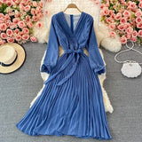 VAREY LIN New Spring Autumn Women Casual Solid Slim Dress Elegant A Line V Neck Puff Sleeve Chiffon Pullover Mid-Calf