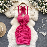 Wind Hanging Neck Sling Dress Women Summer Shiny Folds Design Ass Short