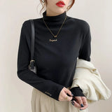 Velvet Bottomed Shirt With Autumn And Winter Foreign Style Long Sleeves 2023 New Half-High Collar Velvet Thickened T-Shirt Blouse-Outfit