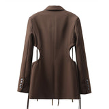 Patchwork Colorblock Cut Out Bandage Blazer For Women Slim Lapel Long Sleeve Mini Coats Female 2021 Autumn