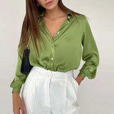 Solid Satin Shirt Elegant Polo Collar Office Lady Shirts 2022 Spring Summer Long Sleeve Top Female Fahsion Casual