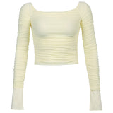 Ruched Mesh Crop Top Slash Neck Sexy T Shirt Y2K Split Long Sleeve Pullovers Cream Yellow Women Autumn Party